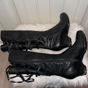 Sofft black leather knee boots side zip back lace up Whimsigoth witchy boho 8.5